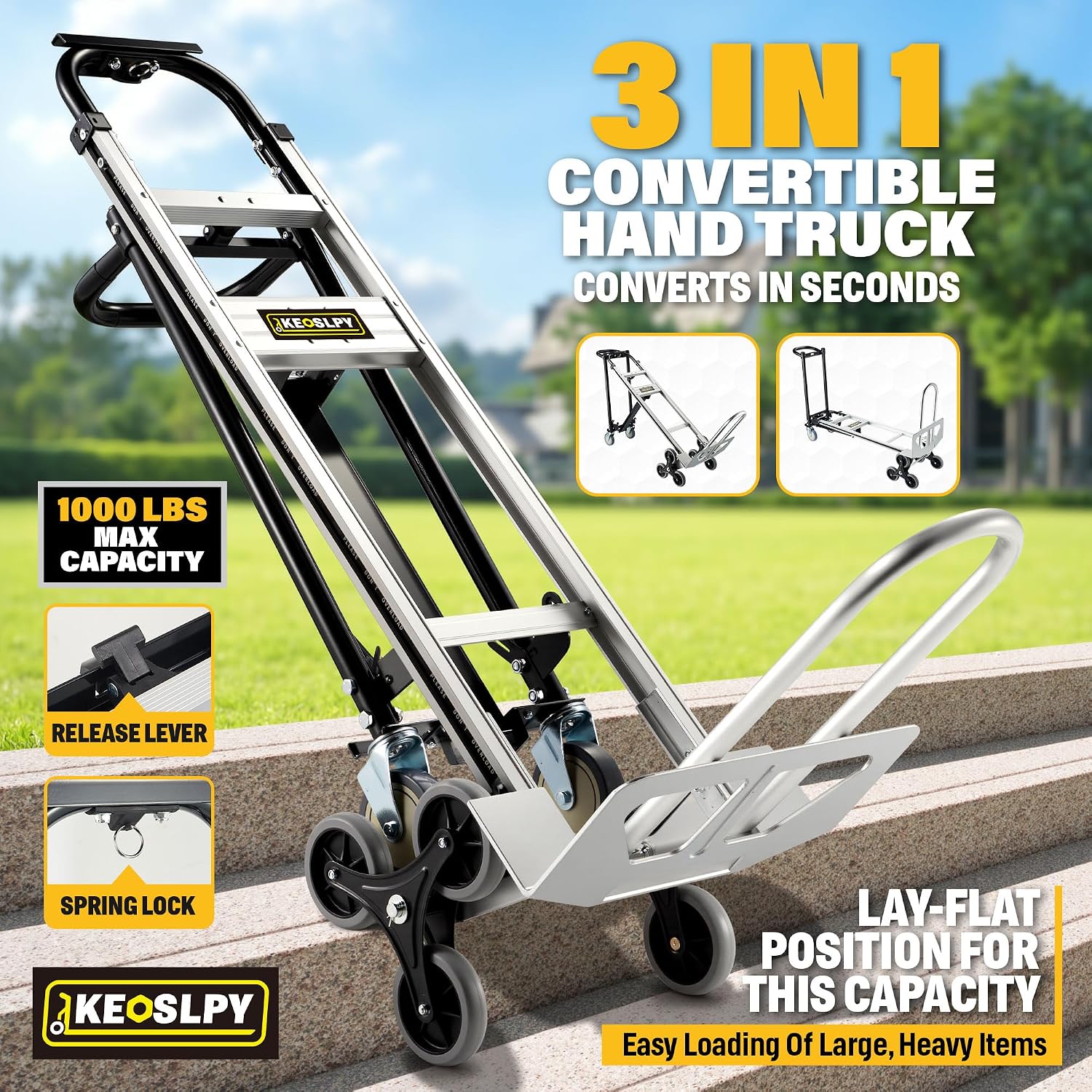CSHT-2243B 3 in 1 Industrial Convertible Aluminum Hand Truck Dolly Cart, 1000 LBS Capacity, Heavy Duty Stair Climbing Utility Trolley Platform Cart with Wheels for Transport & Moving