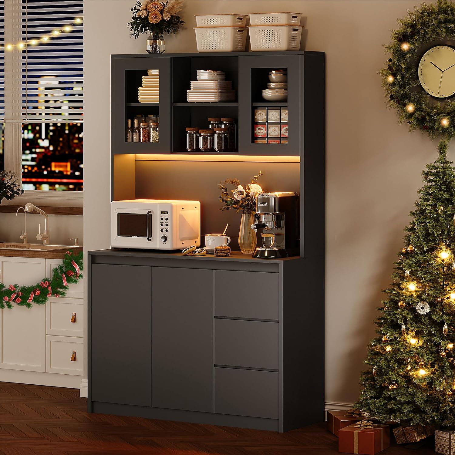 GarveeHome 71' Tall Kitchen Pantry Cabinet, Kitchen Storage Hutch with Led Lights and Power Outlets, Microwave Stand, Glass Door, Adjustable Shelves, Handless Design, Cream White