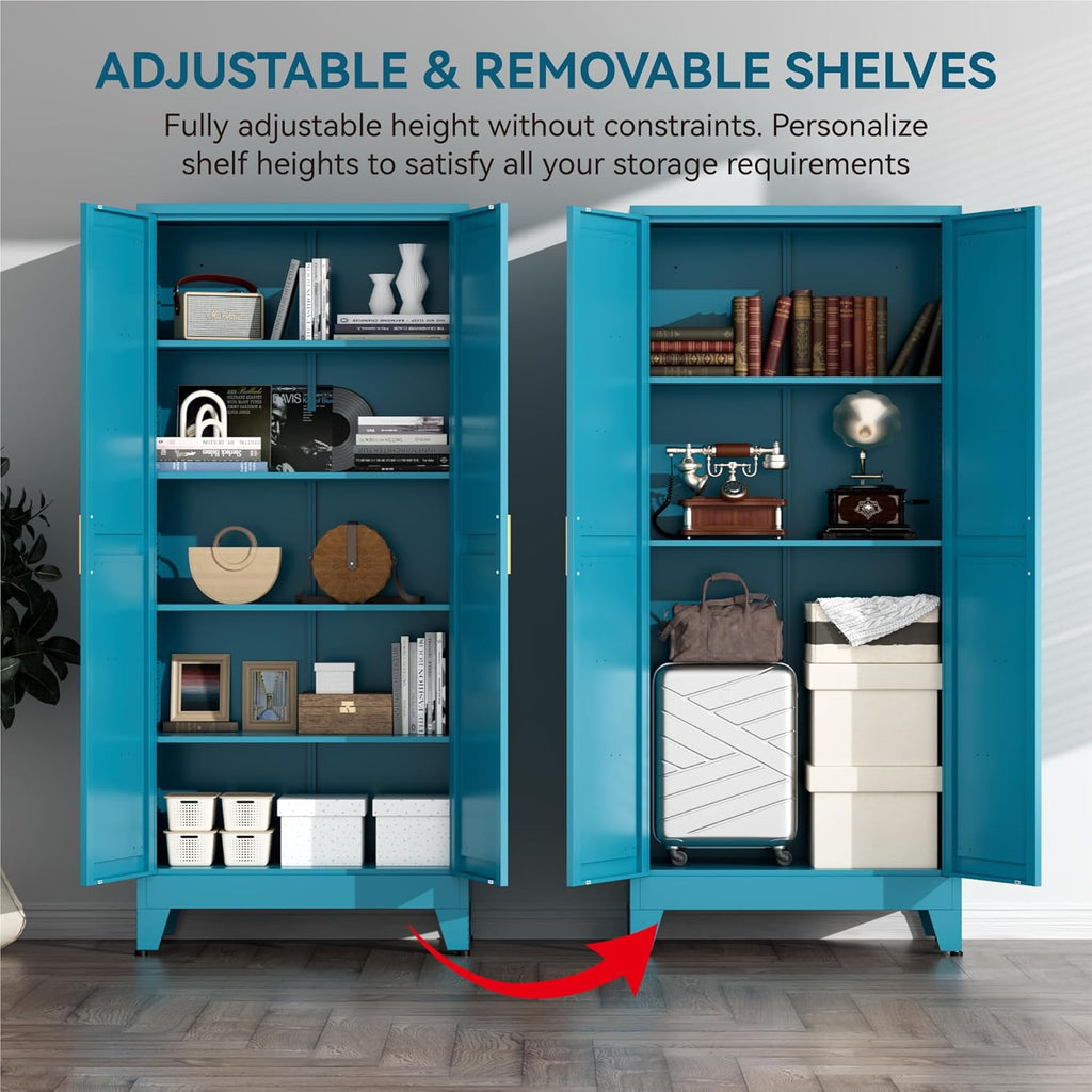 Farmhouse Pantry Cabinet with Barn Doors, 71' H x 31.5' W, 5-Tier Metal Storage Cabinet with 4 Adjustable Shelves for Kitchen Garage Dining Room,Blue 1 Pack