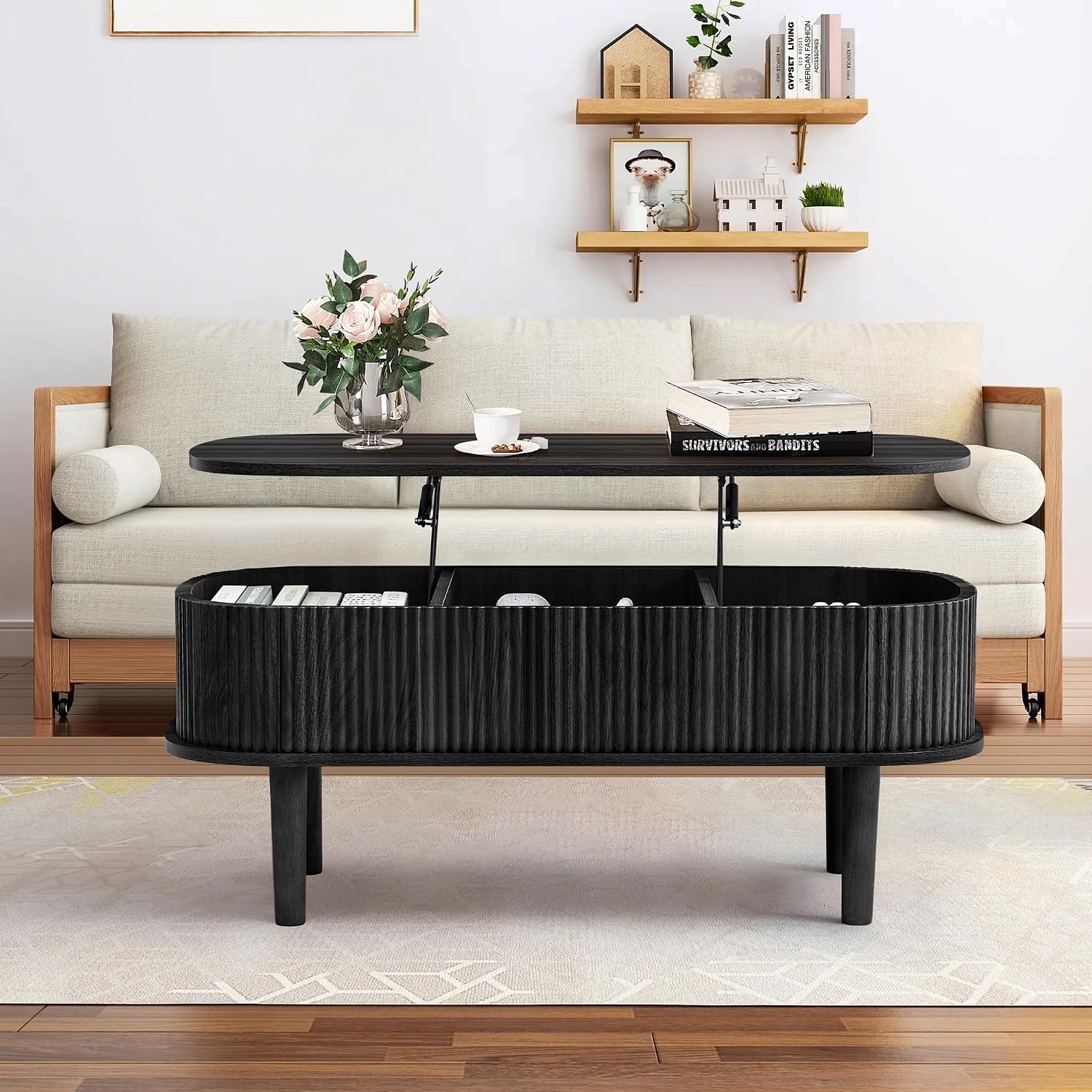 Fully Assembled Fluted Lift Top Coffee Table with Hidden Compartment, Wooden Center Table, Modern Oval Lift Tabletop for Home Living Room Office, Black
