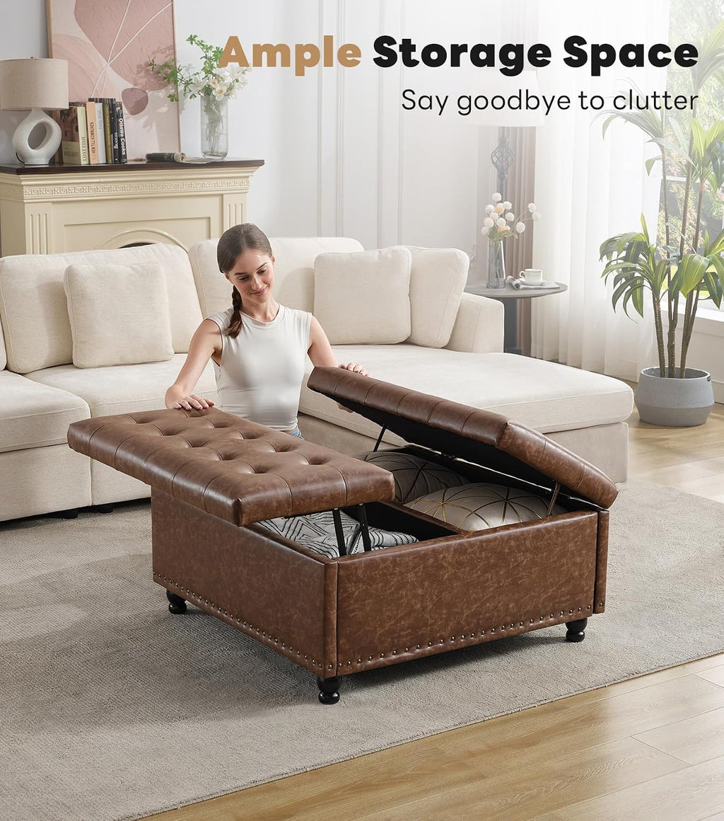 Tbfit Large Square Storage Ottoman Bench, Tufted Upholstered Coffee Table Ottoman with Lift Top & Solid Wood Legs, Oversized Storage Ottomans Toy Box for Living Room (Brown)