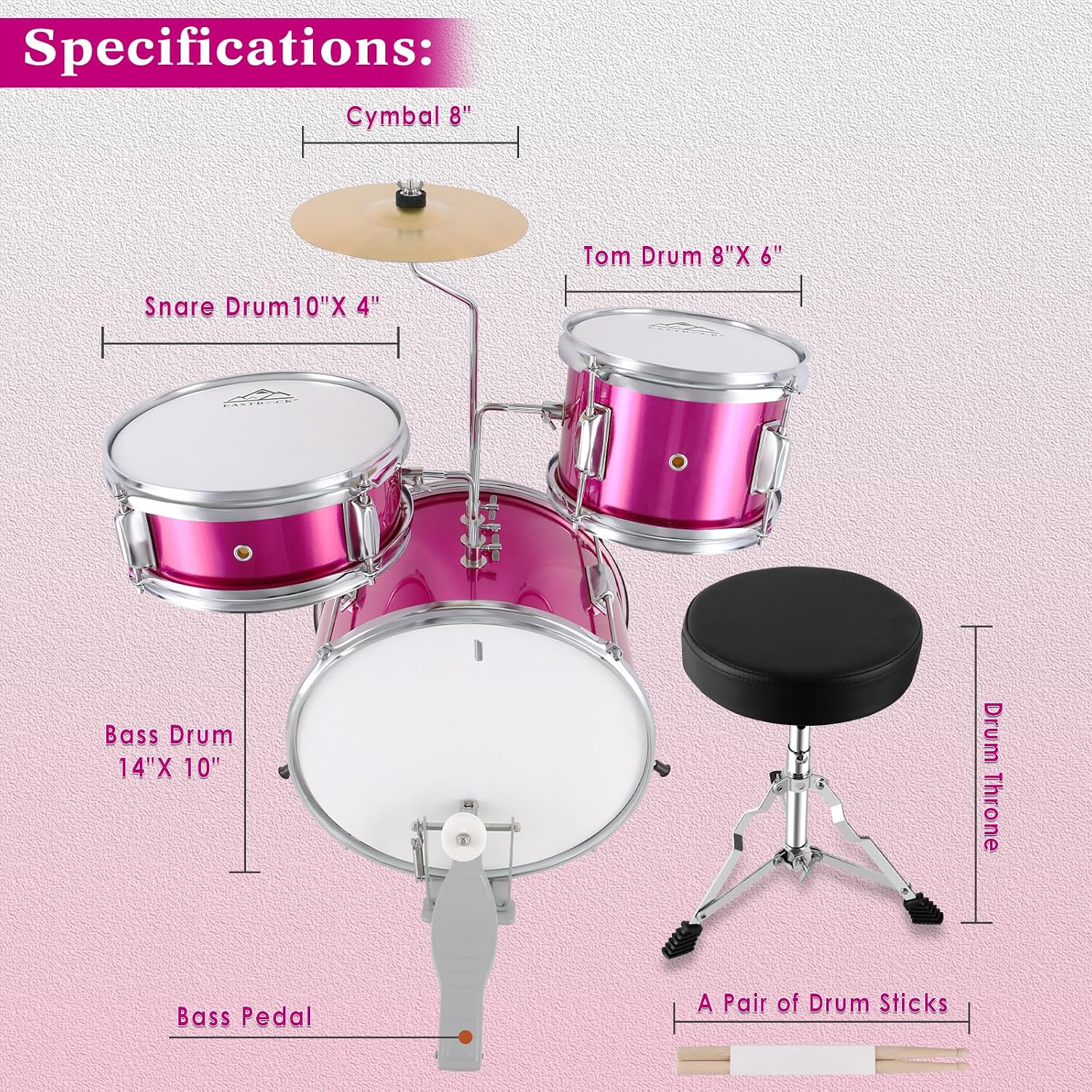 EASTROCK Junior Drum Set, 3 Piece 14'' Junior Drum sets for Drummer,Beginner, Drum Set for 5-7 Years Old with Adjustable Throne,Cymbal,Pedal,Drumsticks (Rose Powder)