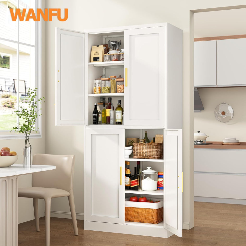 Wanfu 71' Tall Pantry Cabinet, Metal Kitchen Pantry Cabinet with 4 Doors and 4 Adjustable Shelves, Kitchen Pantry Storage Cabinets, Metal Storage Cabinet for Kitchen, Dining Room, Living Room-White
