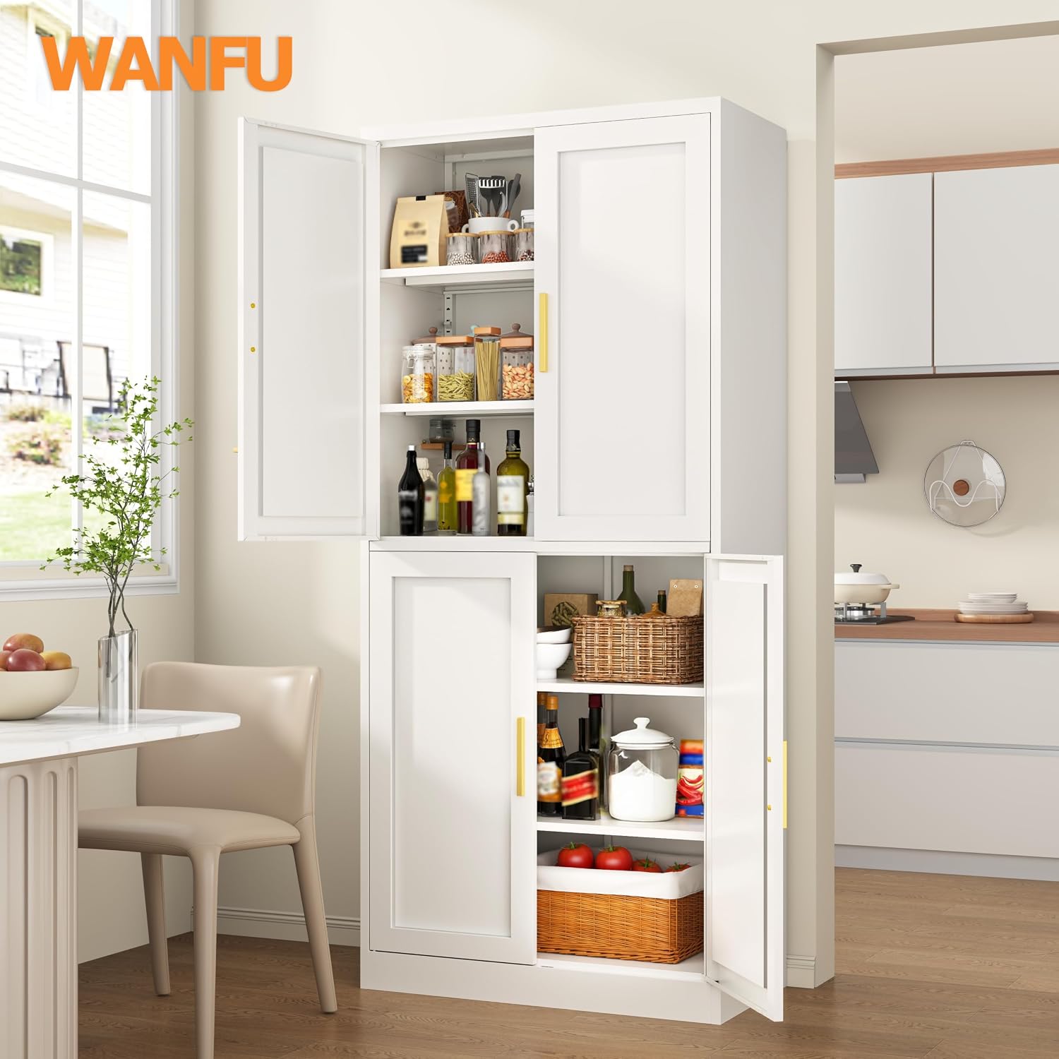 Wanfu 71' Tall Pantry Cabinet, Metal Kitchen Pantry Cabinet with 4 Doors and 4 Adjustable Shelves, Kitchen Pantry Storage Cabinets, Metal Storage Cabinet for Kitchen, Dining Room, Living Room-White