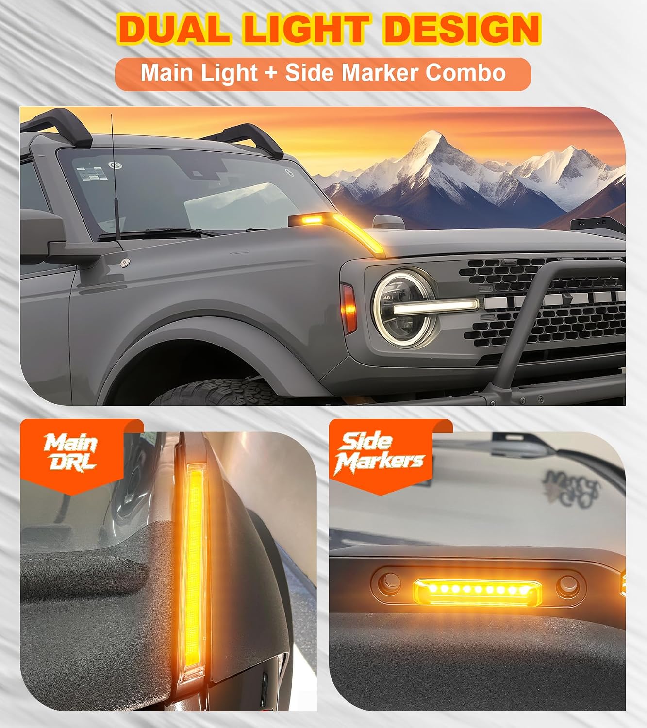 LED Hood Handle Trail Sight Lights for Ford Bronco 2021 2022 2023 2024 2025 2026 Accessories Fog Light Kit Marker Lighting Bar (Amber DRL with Side Markers)