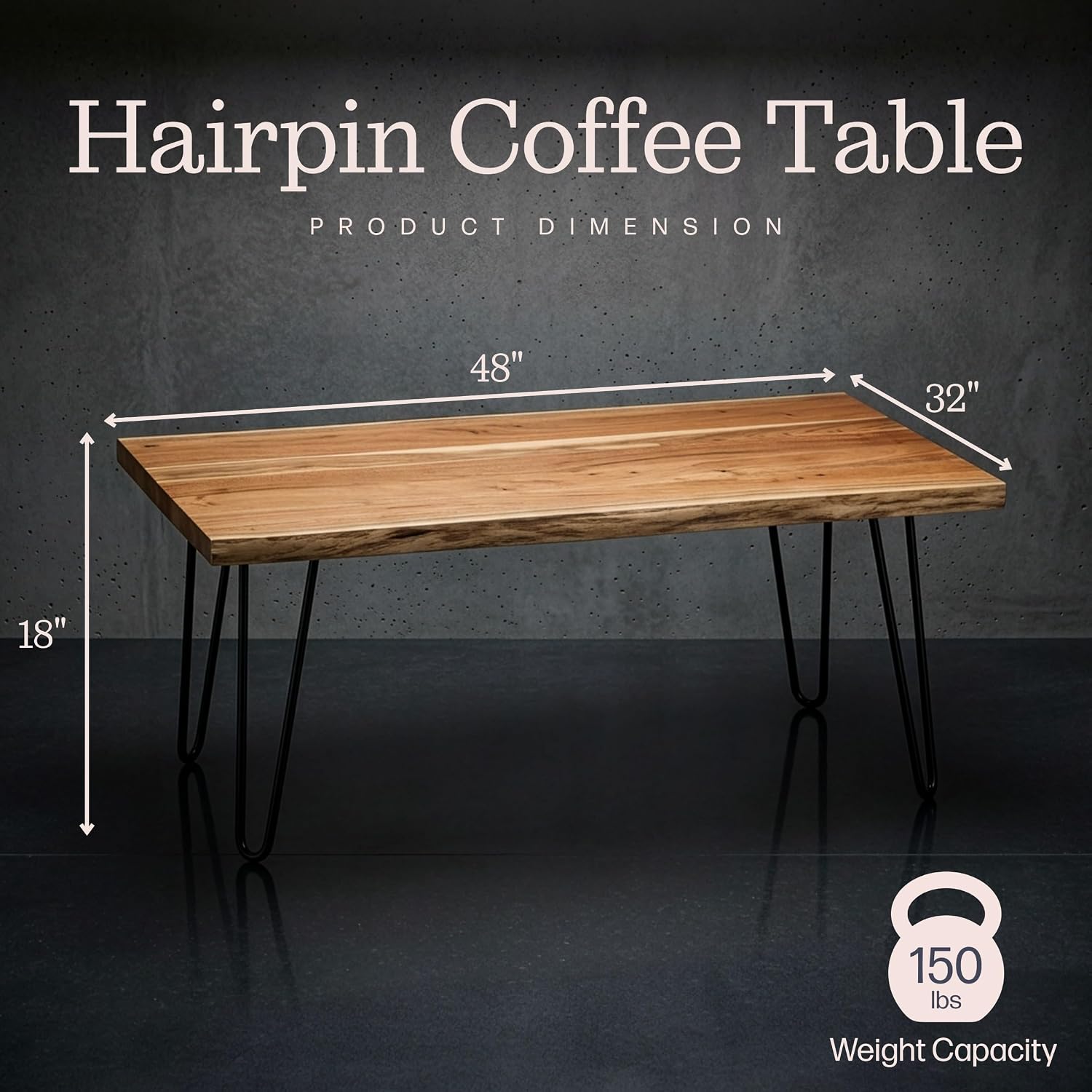 Alaterre Furniture Live Edge Wood Coffee Table with Hairpin Metal Legs – Rustic Modern Farmhouse Living Room Table with Acacia Wood Top (48 Inch)