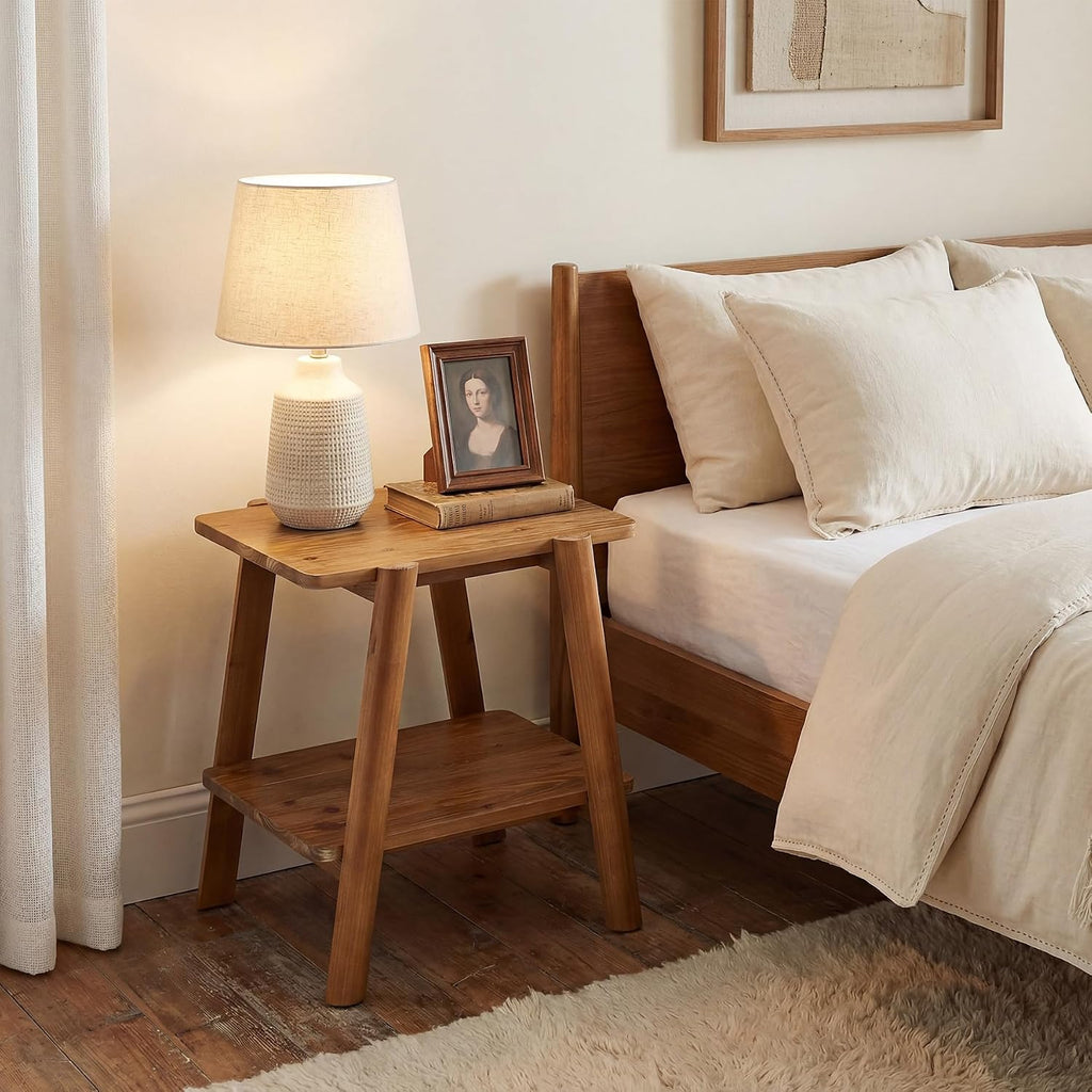 LITTLE TREE Solid Wood End Tables, Narrow 2-Tier Side Table for Small Spaces, Farmhouse Bedside Table Nightstands with Storage for Bedroom, Living Room, Rustic Brown(1 Piece)