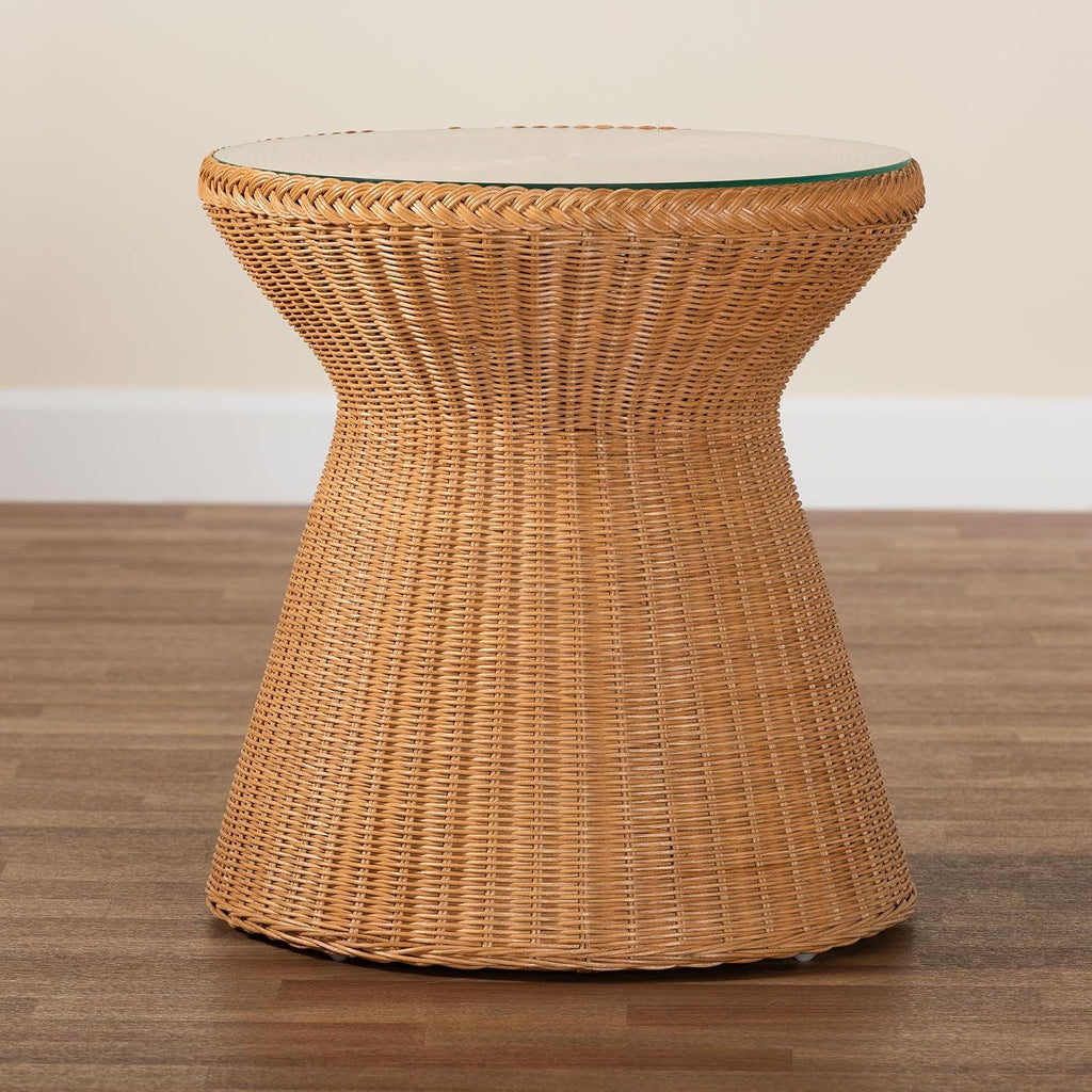 Bali & pari Nina Handwoven Rattan Hourglass Side Table with Glass Top – Boho Wicker Accent Table, Natural Fiber Round End Table for Living Room or Patio