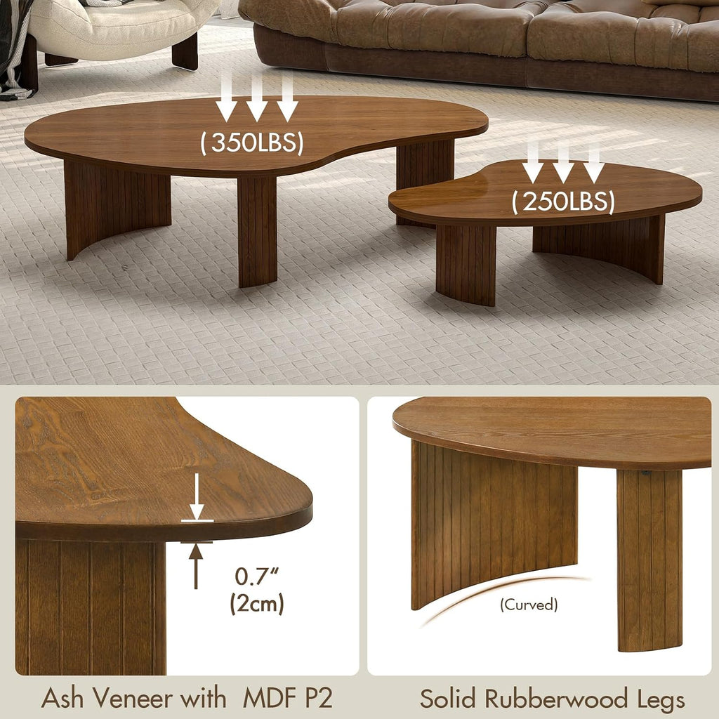 Hyfirm Walnut Nesting Coffee Tables Set of 2, Mid Century Modern Center Table with Fluted Wooden Legs and Oval Mango Shape for Living Room, Small Apartment