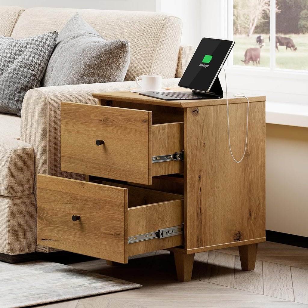 WAMPAT Nightstands with Charging Station & 2 Drawers for Bedroom, Modern End Tables Farmhouse Wood Bedside Table with 2 AC Outlets & USB Ports for Living Room, Oak Brown