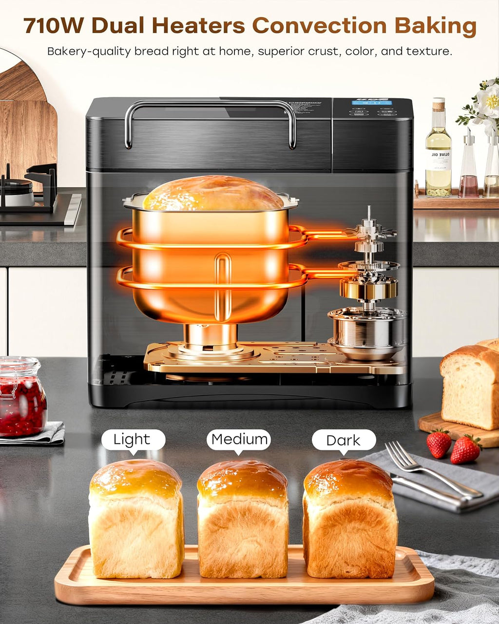 KBS Premium 2LB Convection Bread Maker Dual Heaters, 710W Stainless Steel 17-in-1 Bread Machine Healthy Ceramic Pan, Nut Dispenser,Touch Panel, 3 Loaf Sizes 3 Crust Colors, 15H Timer,Low Noise,Recipes