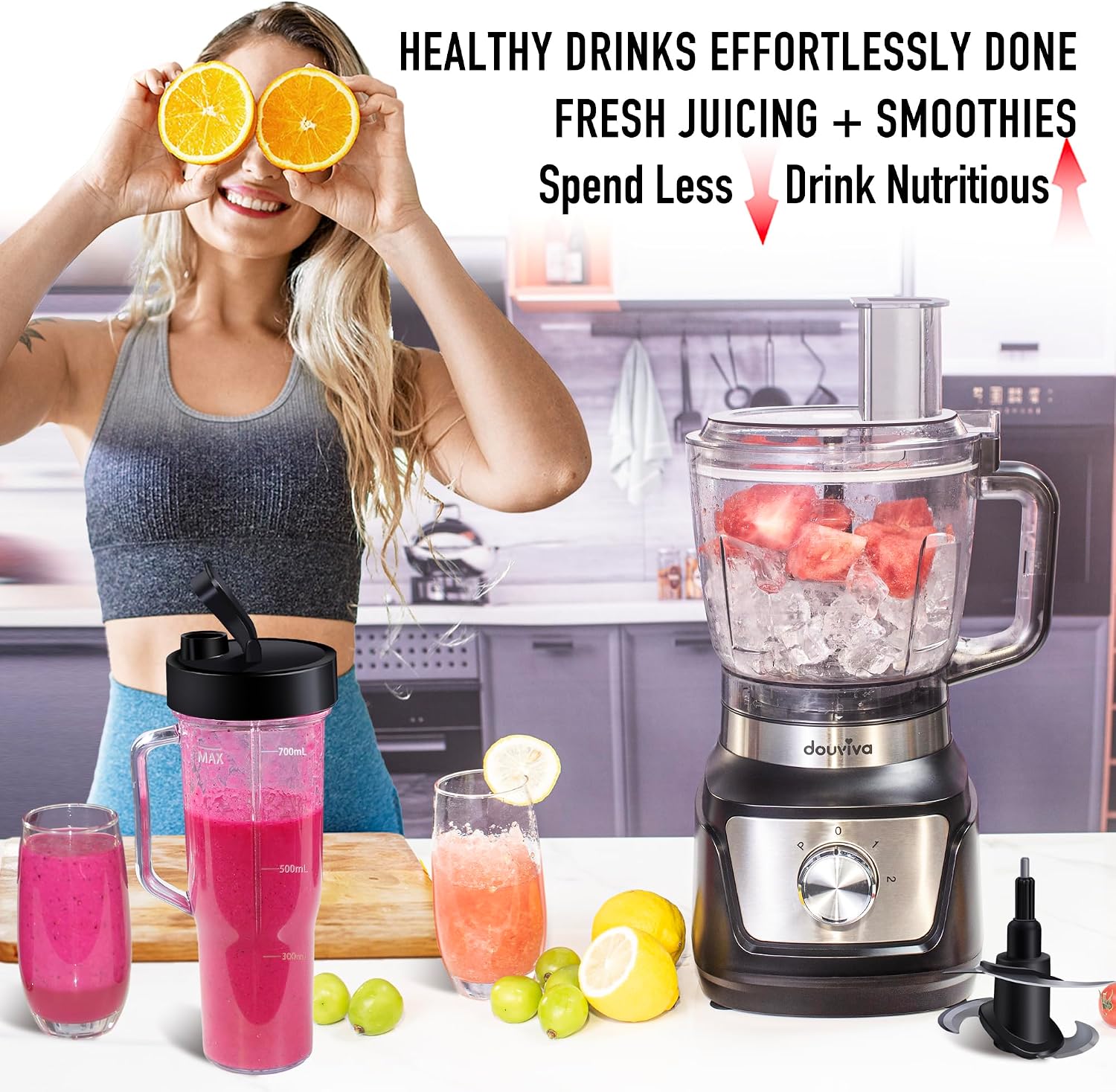 8-Cup Food Processor & Blender Combo, 1000W All-in-One Kitchen Blender for Ice Crushing, Smoothies & Dough, 24oz To-Go Cup, French Fry Cutter, Dishwasher Safe, Black