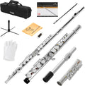 Mendini By Cecilio Flute - 16 Keys Closed Hole C Flute Instrument For Beginners with Carrying Case, Cork Grease, Stand, Lesson Book, Cleaning Kit, Gloves (Nickel)