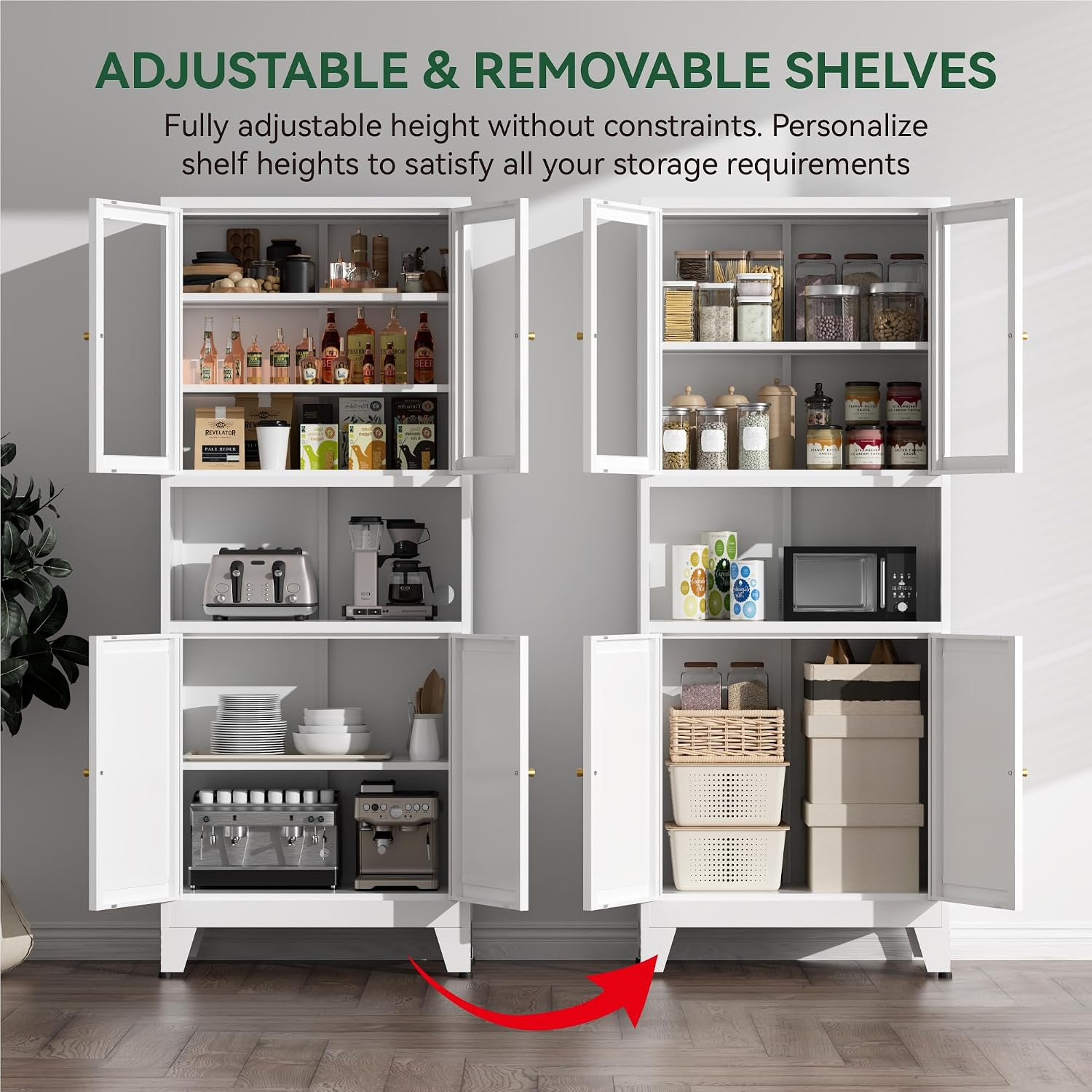 COFaR 69' Tall Modern Kitchen Pantry,Metal Storage Cabinet with Shelves ＆ Glass Doors for Display,Pantry Storage Cabinet,Freestanding Cupboard for Kitchen,Dining Room,Living Room,Bathroom,White