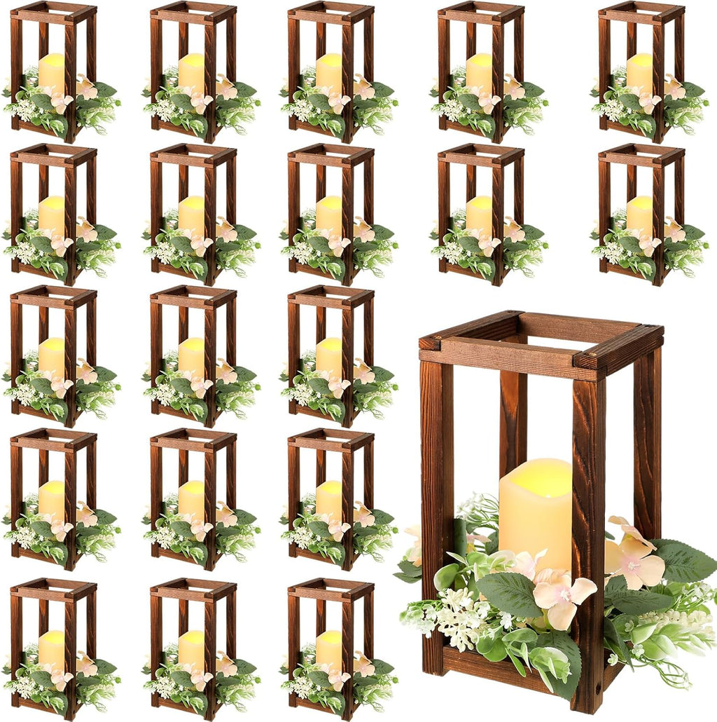 Hushee 60 Pcs Wooden Wedding Lantern Centerpiece Integrated Holders with Candles and Wreaths Rustic Wooden Candle Lantern Decor for Wedding Party Table Valentine Decor (Brown)