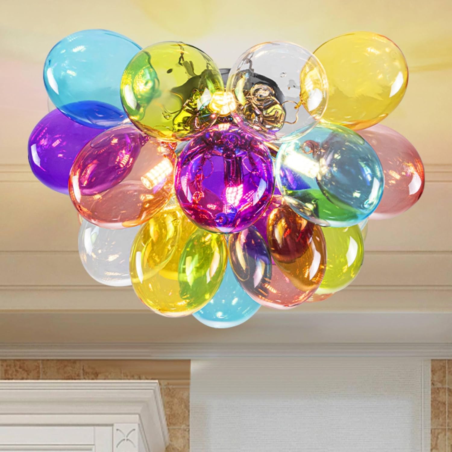Semi Flush Mount Bubble Chandelier,Close to Ceiling Light Fixtures,16' Modern Bubble Balloon Glass Chandelier with Colorful Globe Glass Shades Pendant Light (Colorful Ceiling, 16 inch)