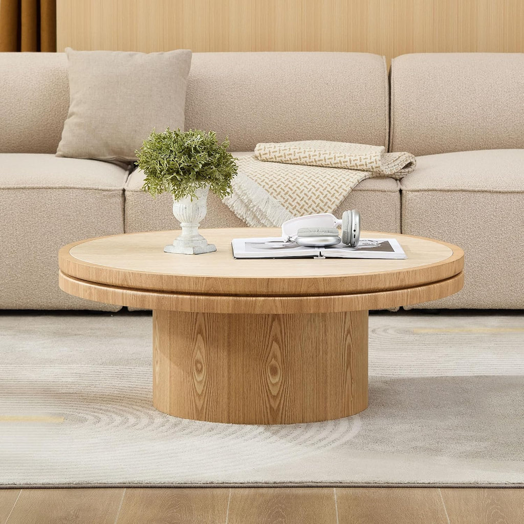 35.43' Farmhouse Round Coffee Table with Sintered Stone Tabletop, Sturdy Wood MDF Pedestal Coffee Tables for Living Room, Modern Circle Center Tea Table for Apartment, Office Bedroom Natural