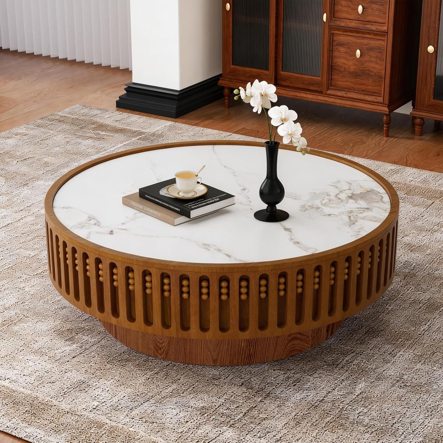 Round Wooden Coffee Table with Sintered Stone Tabletop 35.43' Modern Drum Coffee Table Unique Fluted Center Table for Living Room Office Cafe (35.4' Sintered Stone Tabletop)