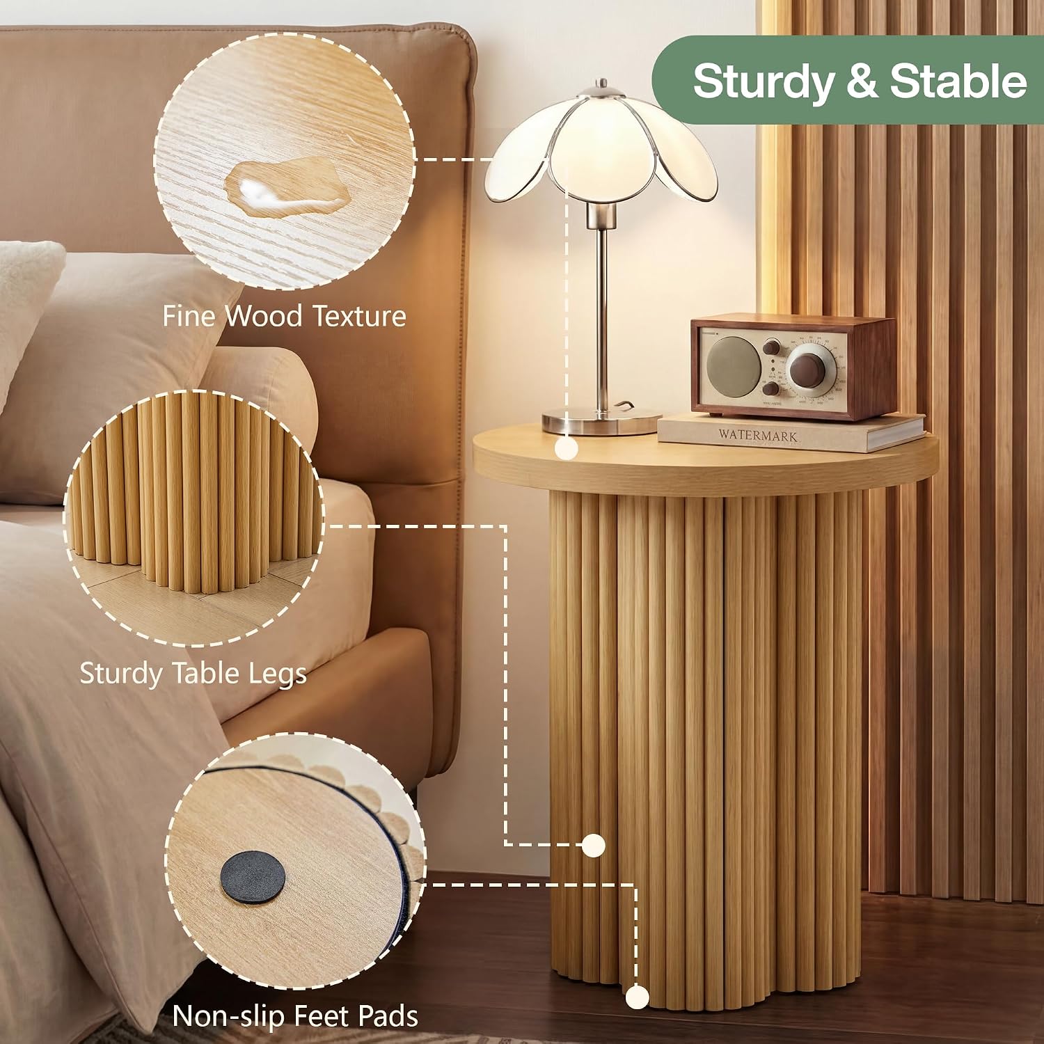 Small Sofa Side Table Set of 2, Fluted Accent Pedestal End Table, Wood Round Night Stand, Farmhouse Bed Side Table Drink Tables for Living Room, Small Spaces (Natural-2PCS)