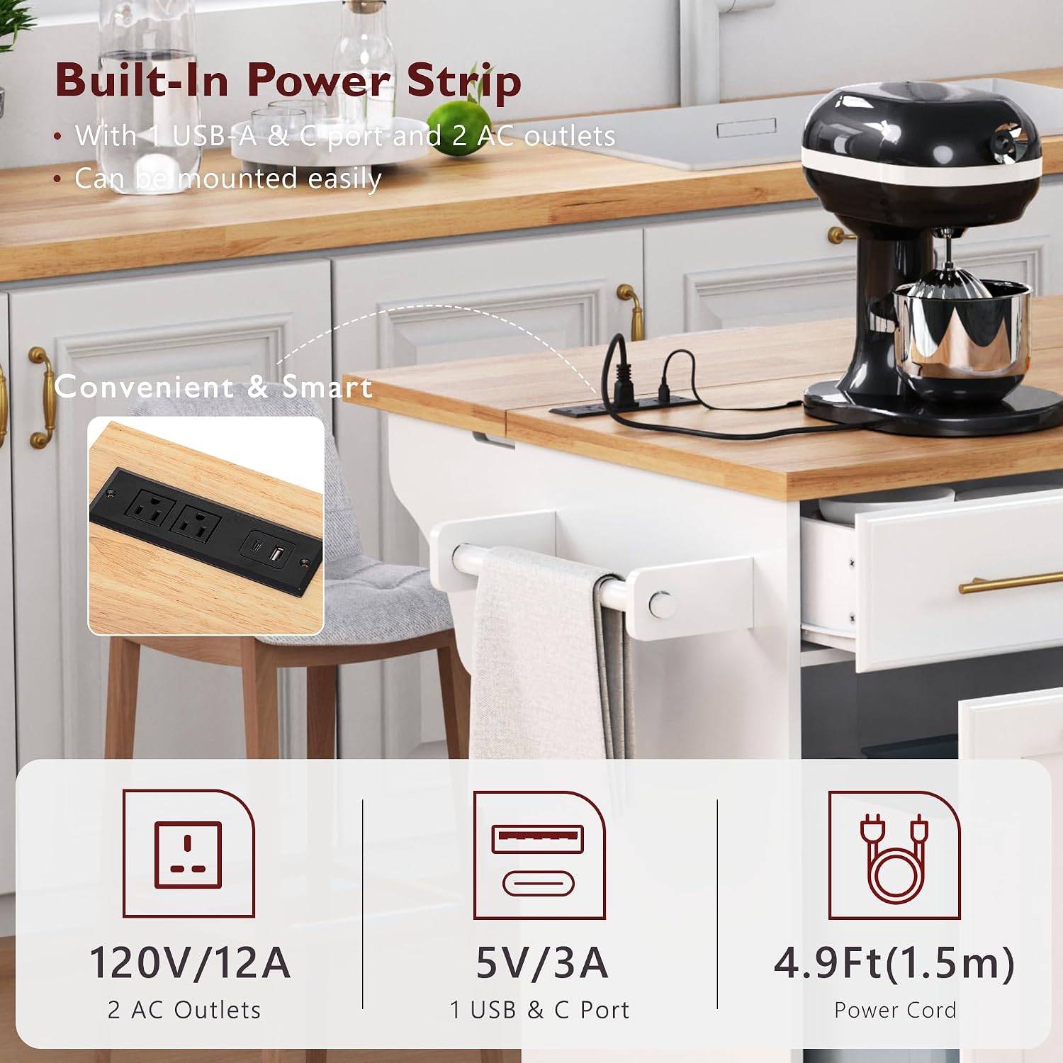 Kitchen Island Cart with Solid Wood Top, Mobile Carts with Storage Cabinet, Rolling Kitchen Table with Trash Can Storage, Power Outlet, Spice & Towel Rack, Portable Islands on Wheels, White