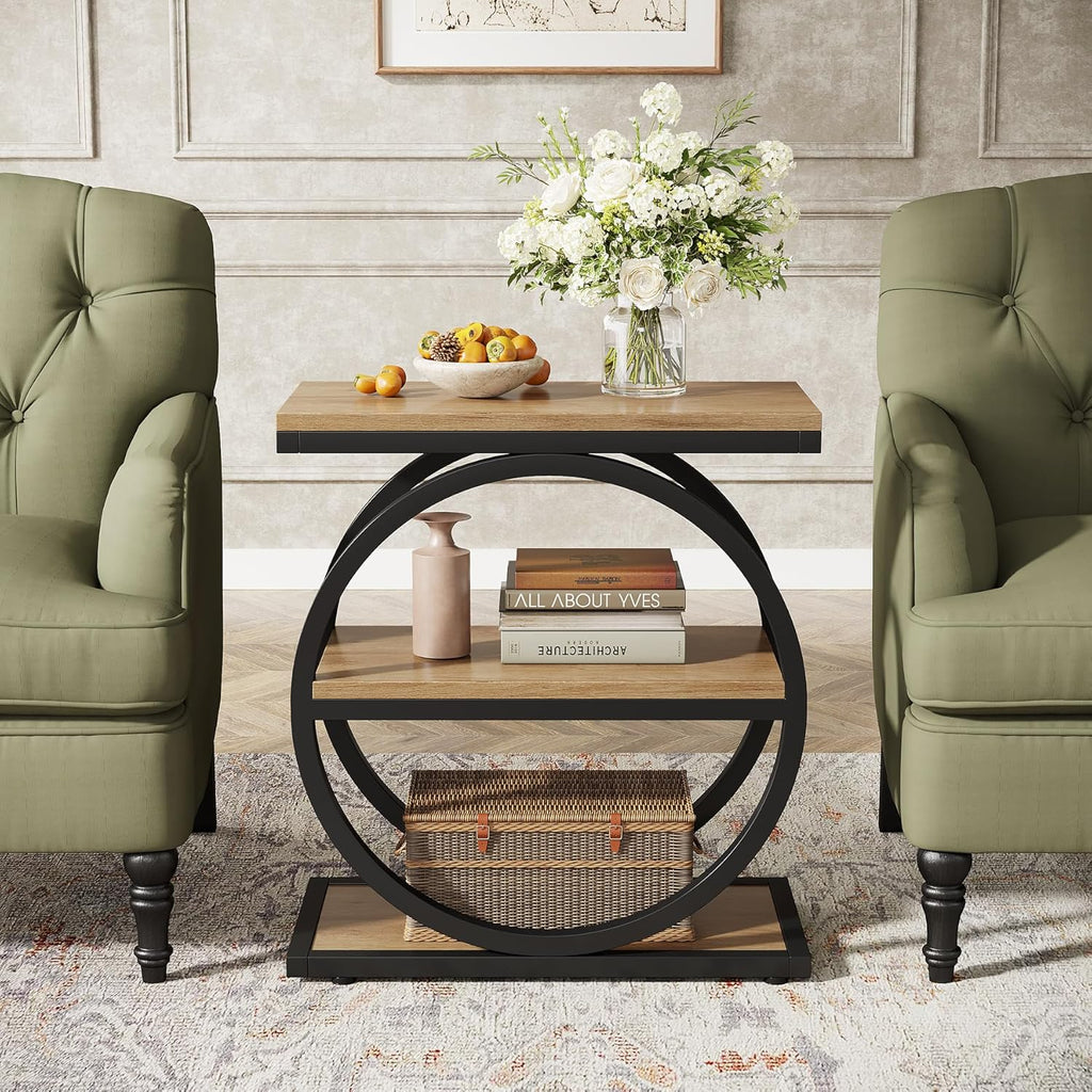 Tribesigns Side End Table with 3 Storage Shelves Set of 2, Industrial Sofa Table with Round Metal Frame for Living Room, Engineered Wood Nightstand for Bedroom, Oak