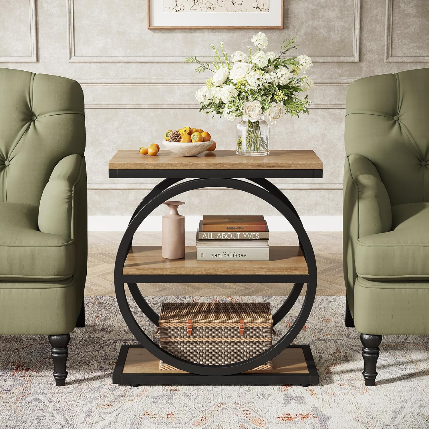 Tribesigns Side End Table with 3 Storage Shelves Set of 2, Industrial Sofa Table with Round Metal Frame for Living Room, Engineered Wood Nightstand for Bedroom, Oak