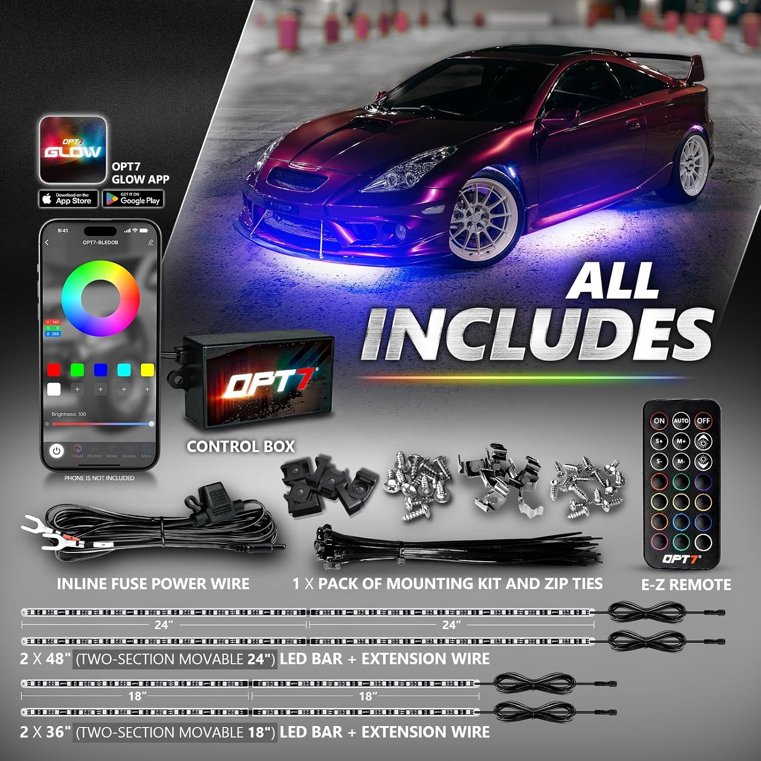 OPT7 Aura Pro RGB Aluminum Car Underglow Kit with App & Remote Control | Waterproof Rigid Light Bars, Multicolor Music Sync Lighting, Neon Accent Underbody Lights, Exterior Car Gifts, 12V