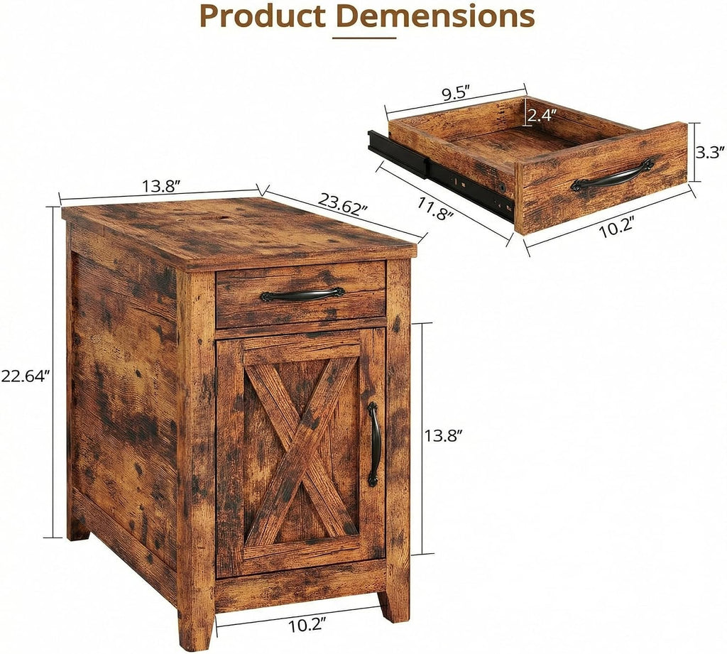 IRONCK End Table with Charging Station, Narrow Side Table for Living Room, Farmhouse Night Stand for Bedroom, Bedside Table with Storage and Drawer for Home, Vintage Brown