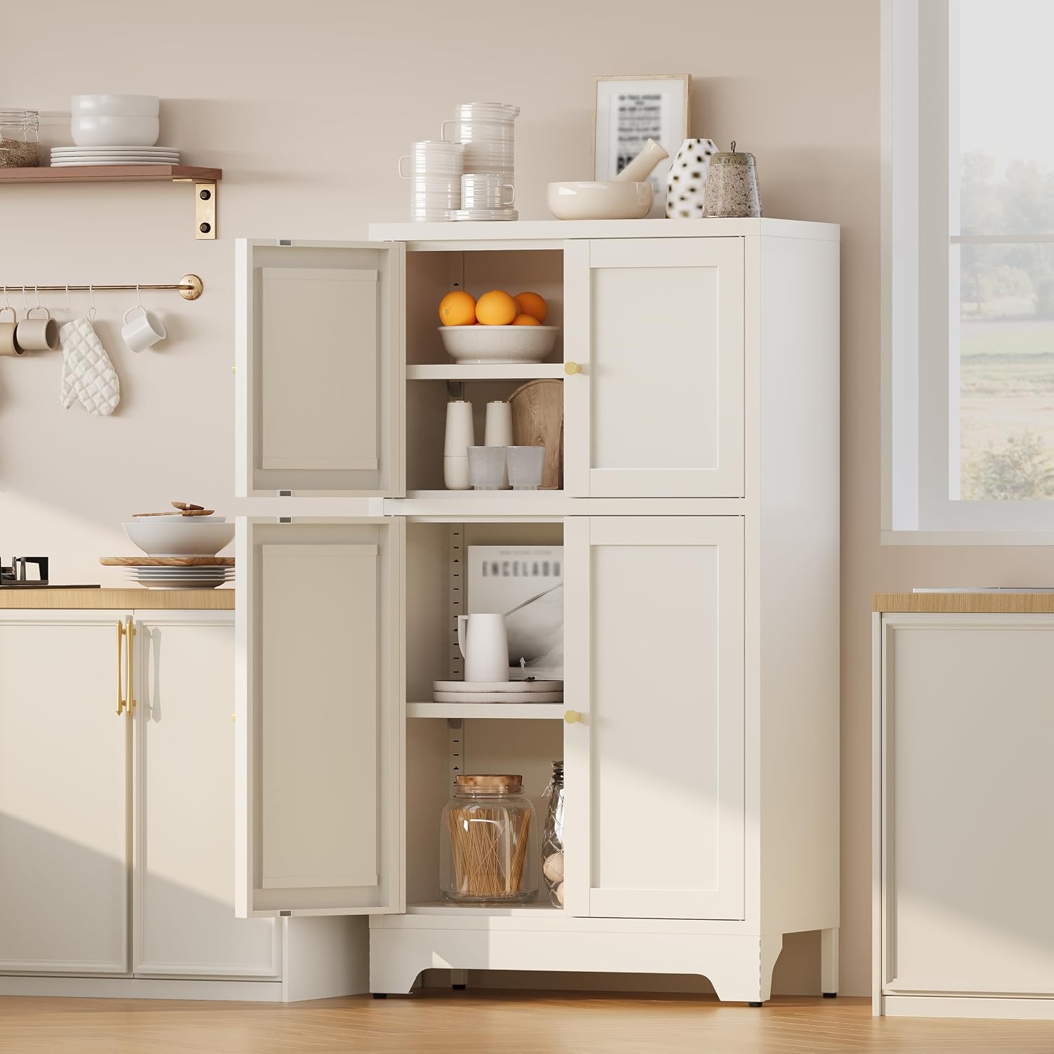 43' H Small Cabinet,White Bathroom Storage Cabinet,Metal Bathroom Floor Cabinets Freestanding