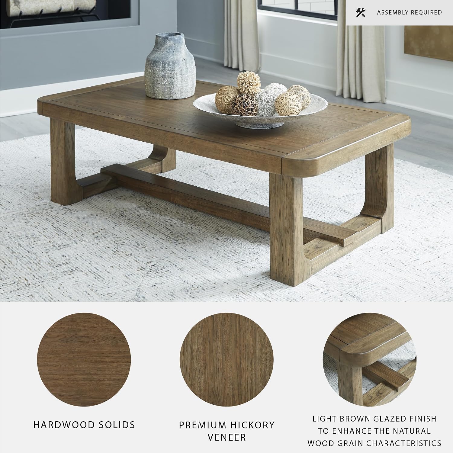 Signature Design by Ashley Cabalynn Modern Coffee Table with Solid Wood Frame, Light Brown