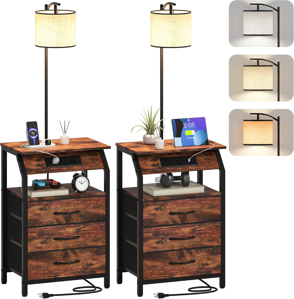 End Table with Floor Lamp Set of 2, Nightstand with Charging Station, Floor Lamp Table with 3-Color Temperature Bulb, Bedside Table Night Stand with 3 Drawers for Bedroom, Living Room, Retro