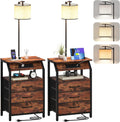 End Table with Floor Lamp Set of 2, Nightstand with Charging Station, Floor Lamp Table with 3-Color Temperature Bulb, Bedside Table Night Stand with 3 Drawers for Bedroom, Living Room, Retro