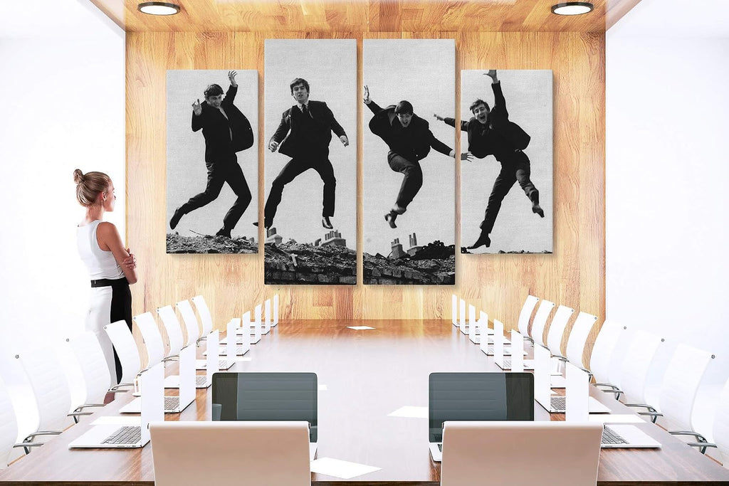Amk Wood Vintage Rock Band Canvas Wall Art | Black & White Musicians Jumping Print | Retro Home Décor – Various Sizes (4 Pieces Medium)
