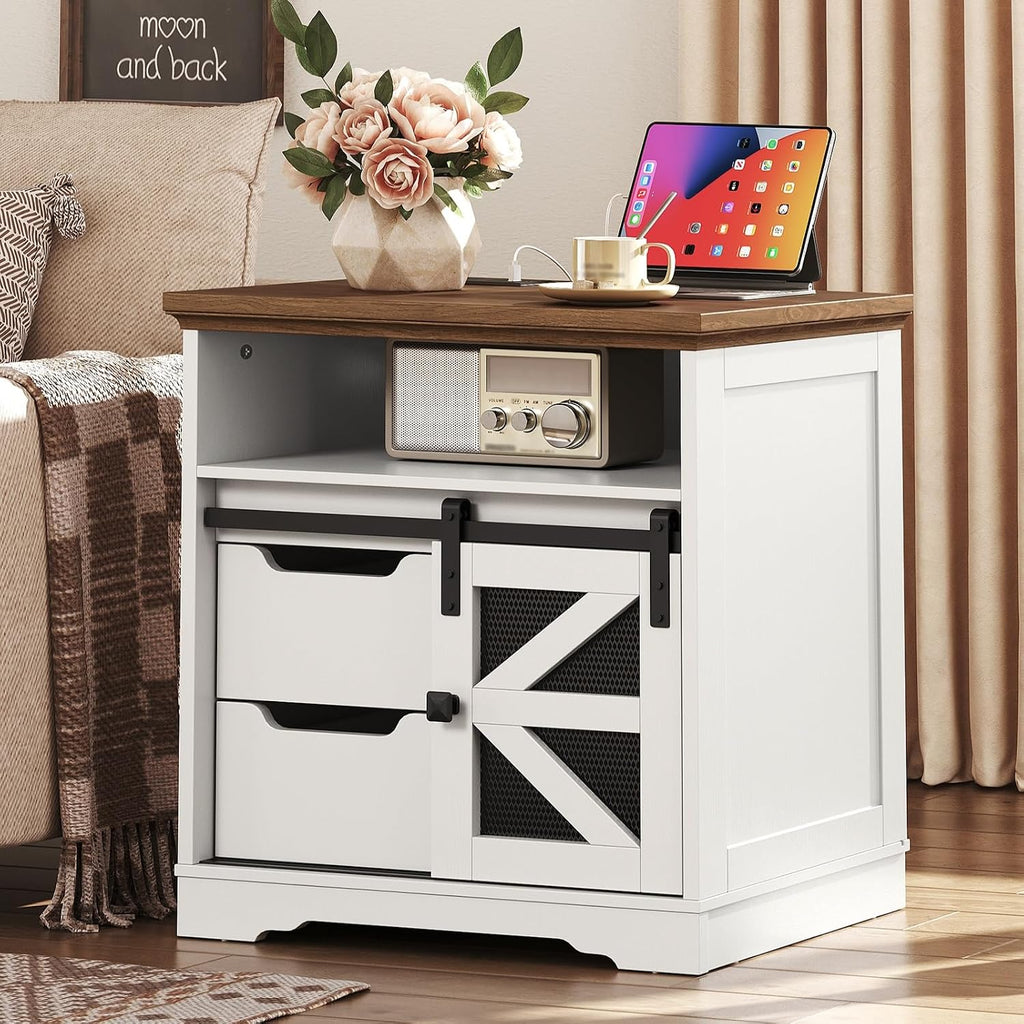 RALGEND Farmhouse End Table with Charging Station, Sofa Side Table with 2 Drawers and Barn Door, Rustic Wooden Nightstand Bedside Table for Bedroom, Living Room,White and Walnut
