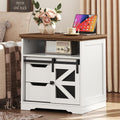 RALGEND Farmhouse End Table with Charging Station, Sofa Side Table with 2 Drawers and Barn Door, Rustic Wooden Nightstand Bedside Table for Bedroom, Living Room,White and Walnut