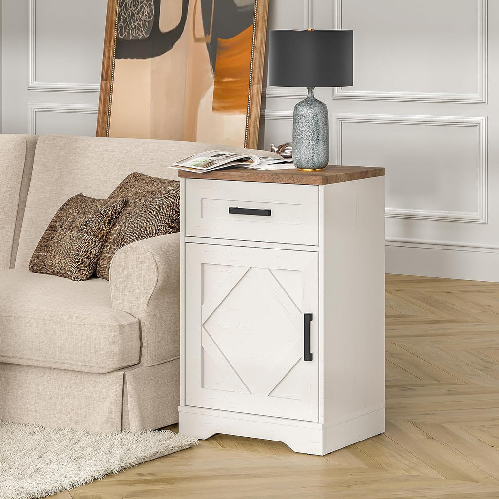 WAMPAT 32' H End Table for Living Room,Rustic Nightstand with Drawer & Barn Door, Farmhouse Bedside Table with Adjustable Shelf for Couch or Bedside, Antique White
