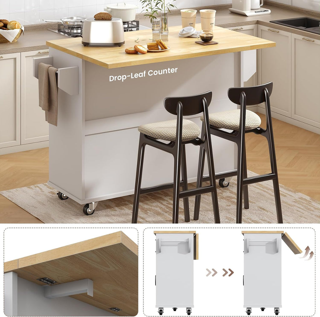 VVFLU Rolling Kitchen Island On Wheels, Kitchen Island Cart with Drop Leaf Countertop, Barn Door Island Table with Storage Cabinet and 2 Drawer, 5 Wheels, Towel Rack and Spice Rack, White