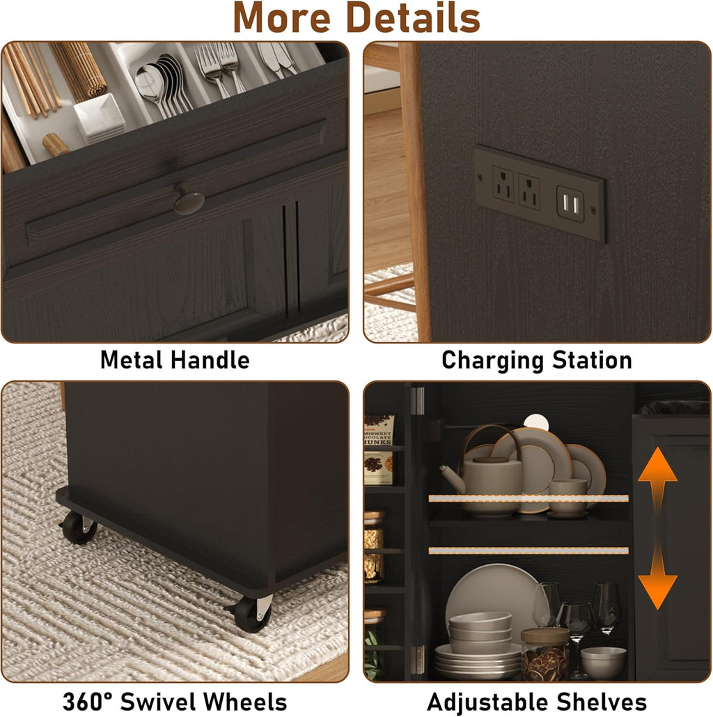 St.Mandyu 63 inch Rolling Kitchen Island with Power Outlet, Drop Leaf & Storage Cabinet - Mobile Cart with Hidden Trash Cabinet, Spice Rack, Shelves, and Towel Holder for Small Spaces,Black