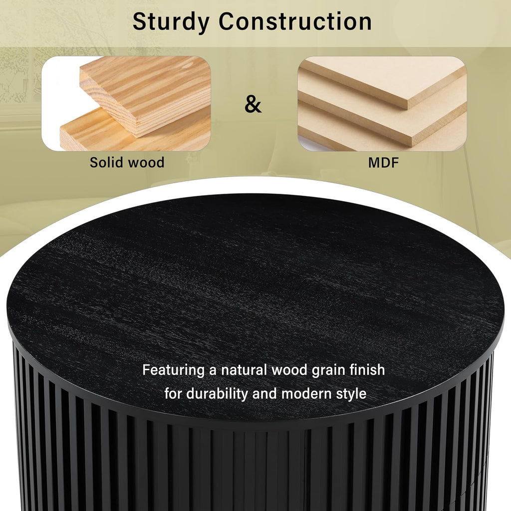 Round Lift Top Coffee Table, 29.8' Modern Fluted Wood Circle Table with Hidden Storage Drawer, Black Solid Wood & MDF Cylinder Side Table for Living Room Bedroom Small Space