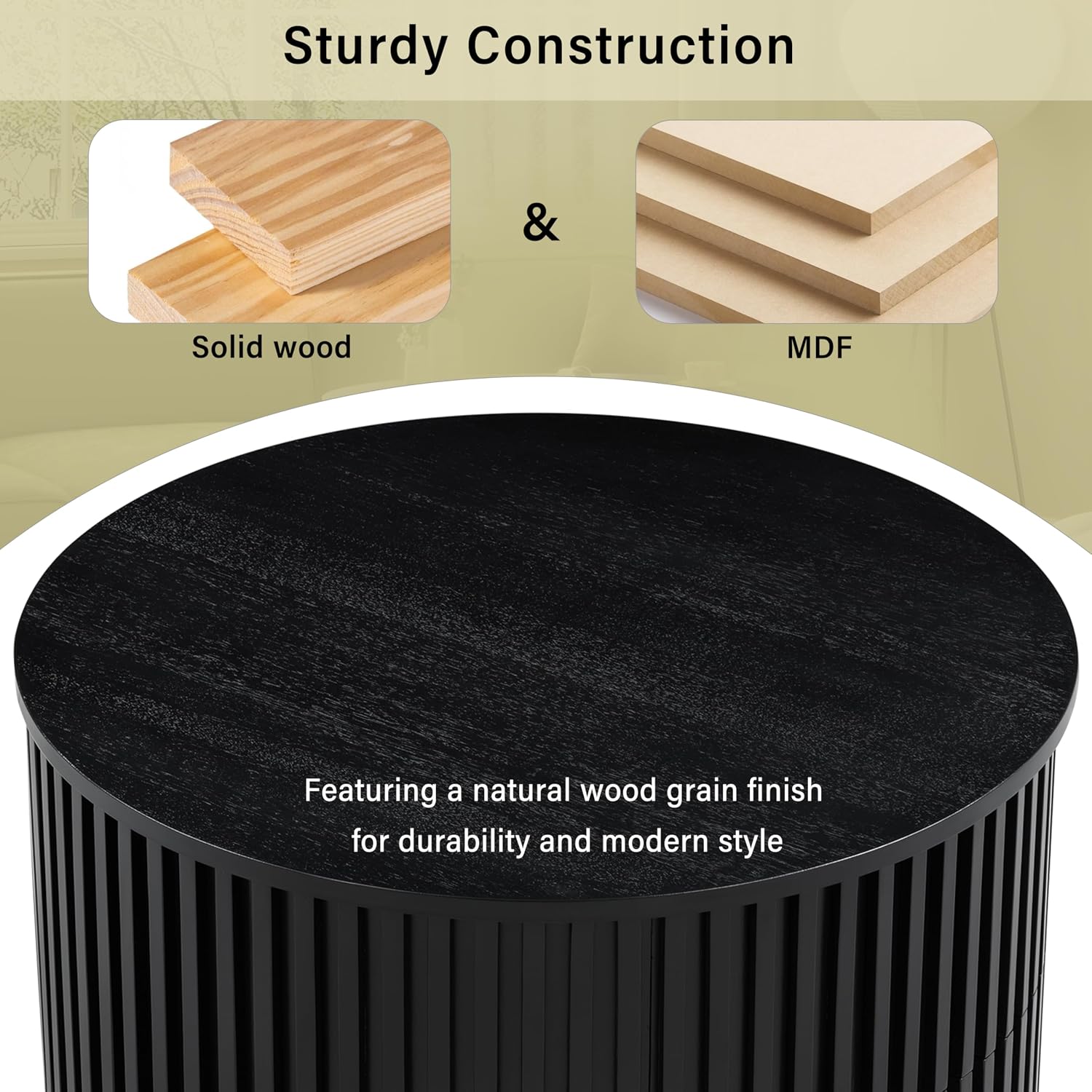 Round Lift Top Coffee Table, 29.8' Modern Fluted Wood Circle Table with Hidden Storage Drawer, Black Solid Wood & MDF Cylinder Side Table for Living Room Bedroom Small Space