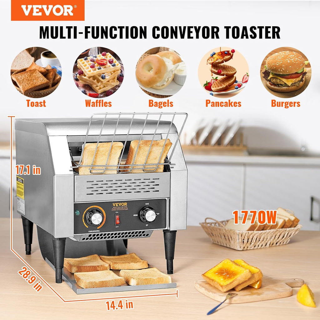 VEVOR Commercial Conveyor Toaster, 300 Slices/Hour Conveyor Belt Toaster, Heavy Duty Stainless Steel Commercial Toaster Oven for Toast Bun, Bagel, Bread