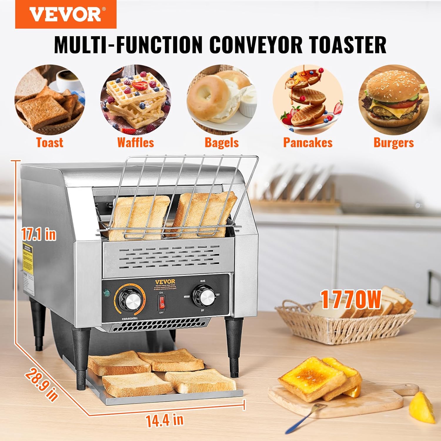 VEVOR Commercial Conveyor Toaster, 300 Slices/Hour Conveyor Belt Toaster, Heavy Duty Stainless Steel Commercial Toaster Oven for Toast Bun, Bagel, Bread