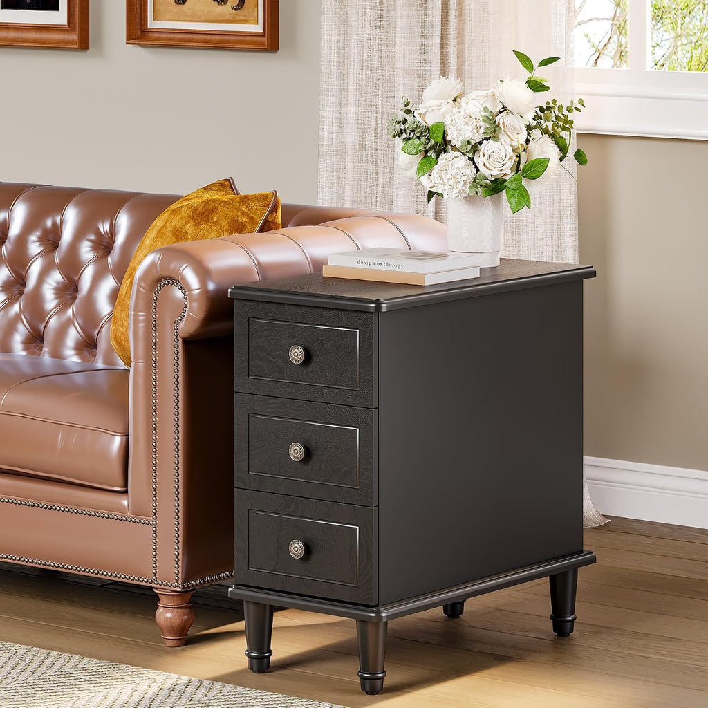 LITTLE TREE Fully Assembled End Table, Set of 2, Narrow Bedside Table with 3 Drawers, Vintage Nightstand for Small Spaces, Living Room, Bedroom, Black
