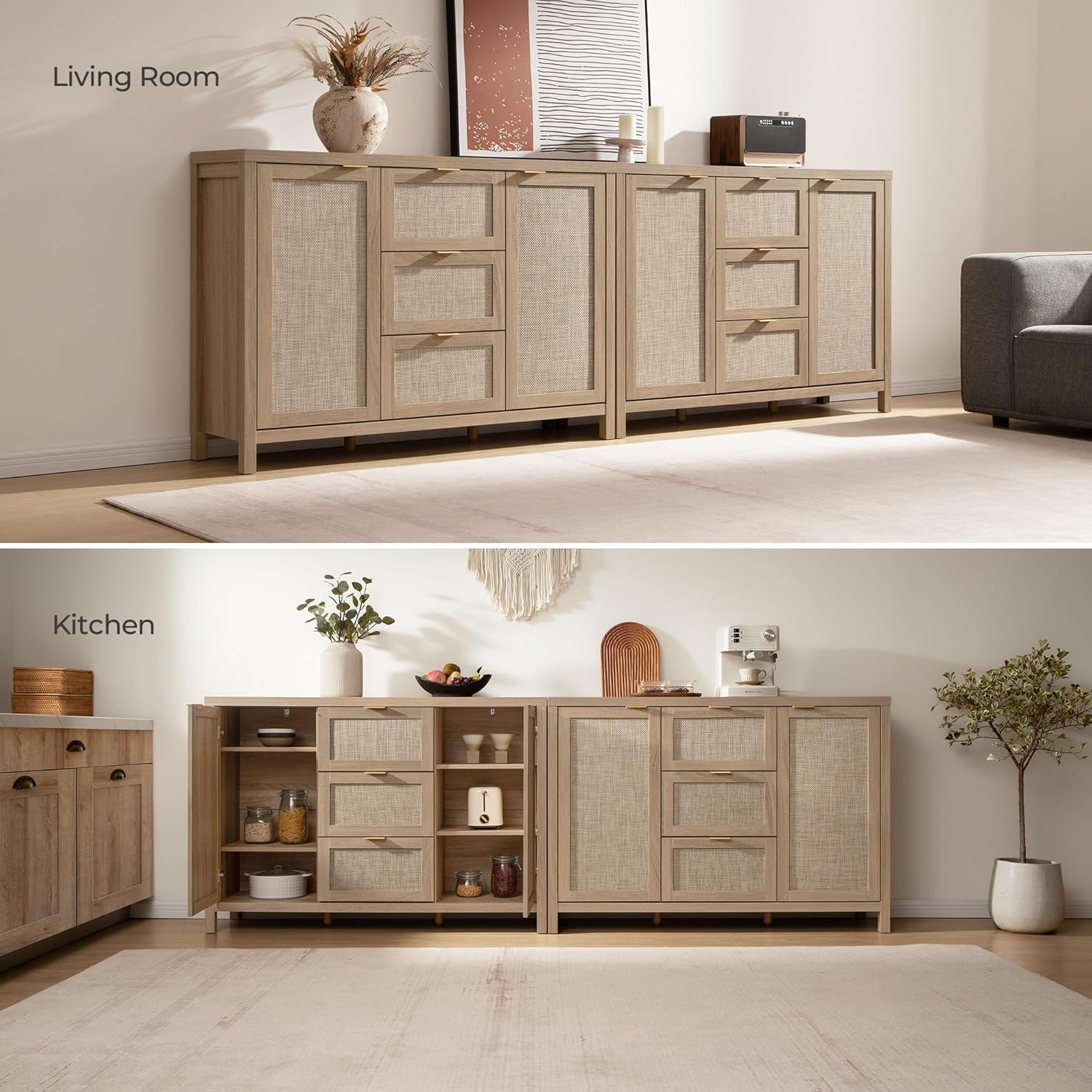 SICOTAS Rattan Large Sideboard Buffet Cabinet with Storage - Boho Coffee Bar Storage Cabinet with 3 Drawers and 2 Doors, Console Table Credenza for Living Room, Kitchen, Hallway, Light Oak (2 Pieces)