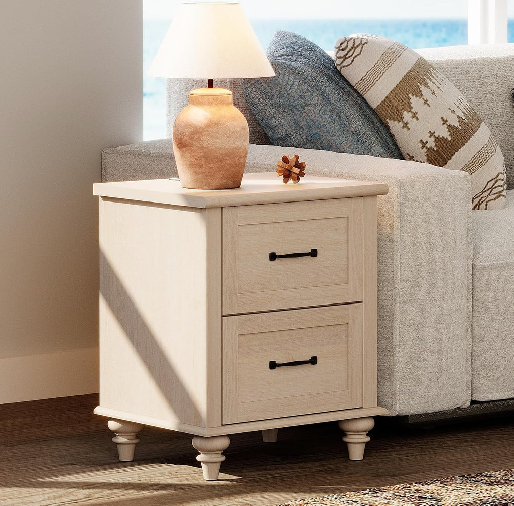 WAMPAT Beige Side Table Nightstand with Charging Station, Wooden End Table with 2 Drawers for Living Room, Mid Century Night Stand Modern Bedside Table for Bedroom, Kids Room
