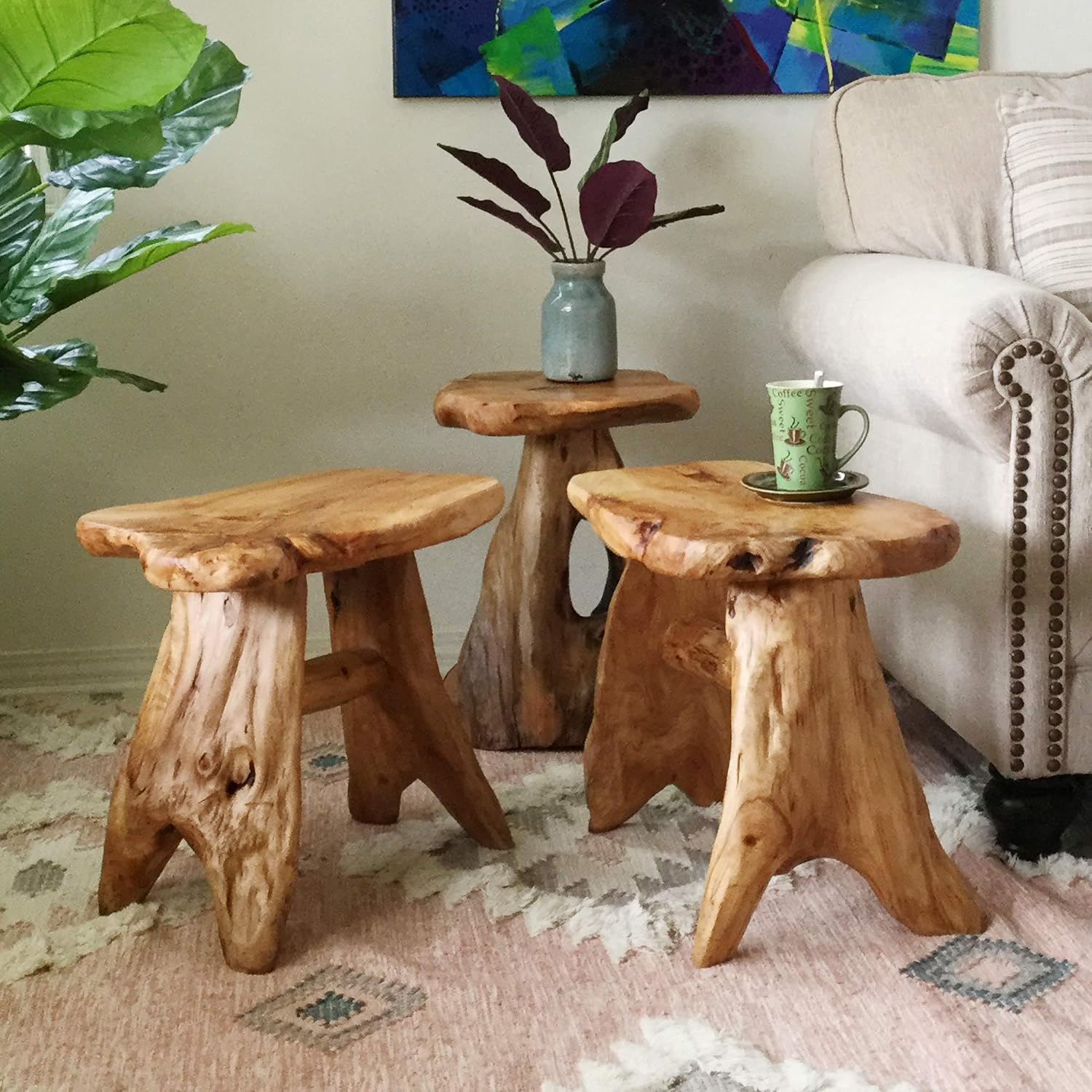 Greenage Cedar Roots Flower Stand Stool Tree Stump End Table 13.5' x 15.5' x 19' H Live Edge Wood Side Table for Living Room Bedroom Garden