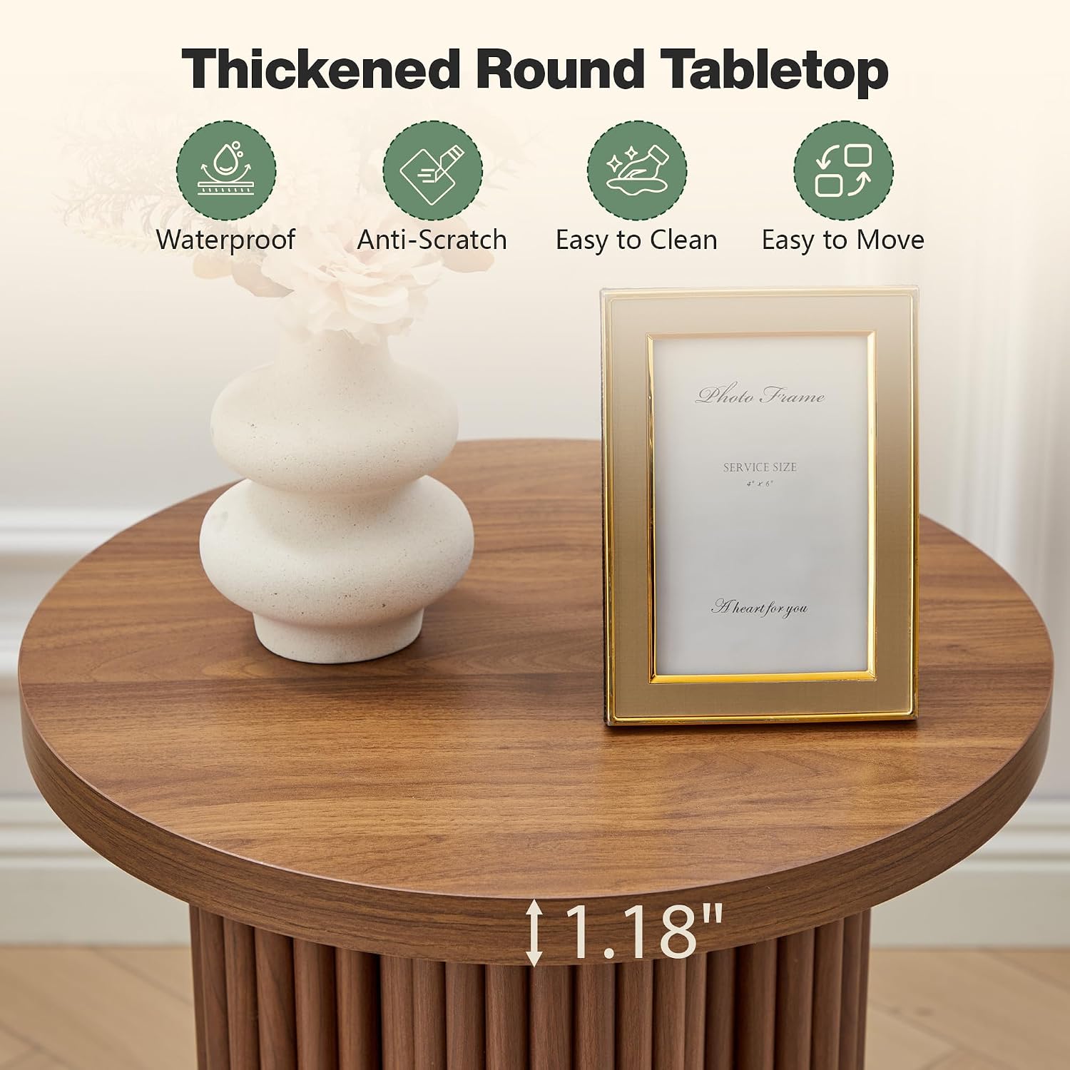 Small Sofa Side Table Set of 2, Fluted Accent Pedestal End Table, Wood Round Night Stand, Farmhouse Bed Side Table Drink Tables for Living Room, Small Spaces (Walnut-2PCS)