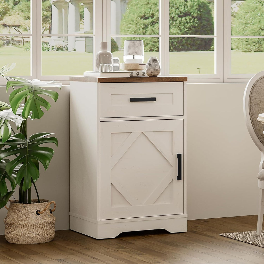 WAMPAT 32' H End Table for Living Room,Rustic Nightstand with Drawer & Barn Door, Farmhouse Bedside Table with Adjustable Shelf for Couch or Bedside, Antique White