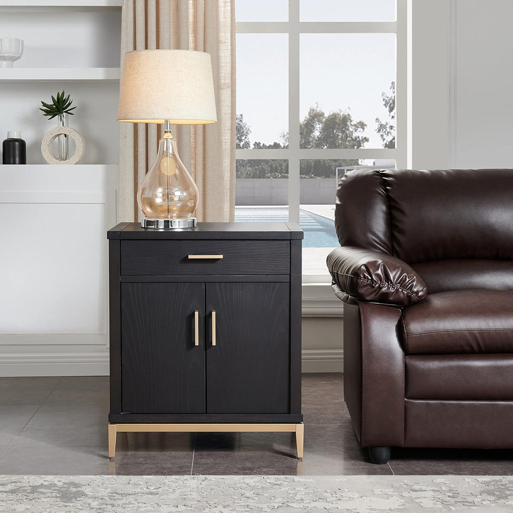 Leick Home Julien Nightstand Side Table One Drawer and Lower Cabinet Modern – Fast Charging Station – Durable Solid Wood – Living Room, Bedroom, Office, Black with Gold Trim, 9079–BLKGD