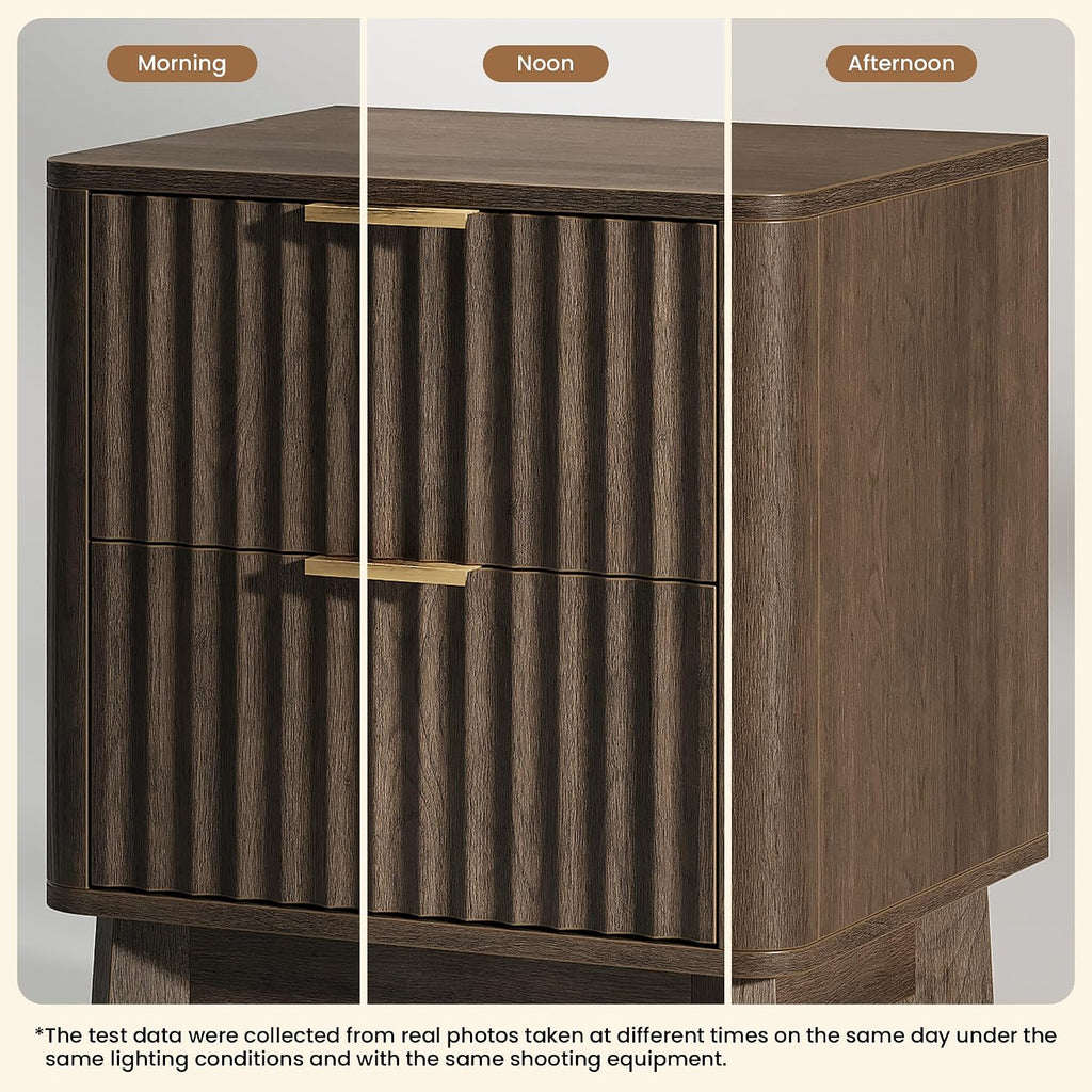 Fluted Nightstand Set of 2, Modern End Table with Metal Handle,2 Storage Drawers Side Table,Bedside Table for Bedroom,Wood Nightstands,Curved Profile Design Furnitue, Walnut
